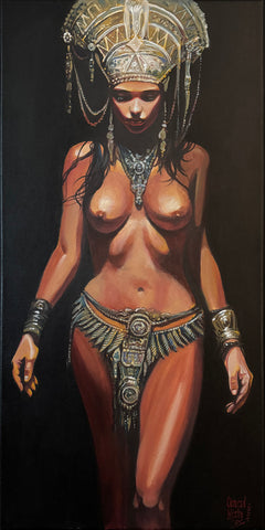 Artistic depiction of a woman in elaborate tribal attire with intricate designs on a dark background