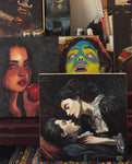 Collage of various artistic paintings with a focus on dark themes and dramatic expressions — Original paintings by Conrad Keely