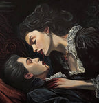 Artistic depiction of a vampire woman with dark hair and a vampire man with light skin, both wearing period costumes, against a dark background — Original painting by Conrad Keely