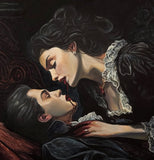 Artistic depiction of a vampire woman with dark hair and a vampire man with light skin, both wearing period costumes, against a dark background — Original painting by Conrad Keely