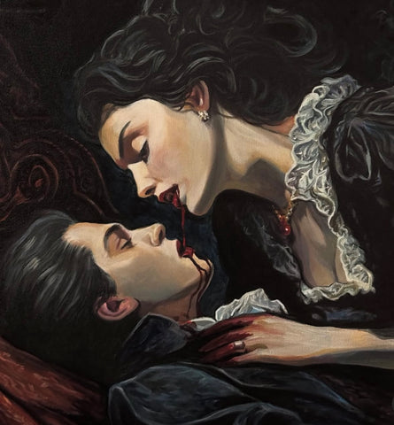 Artistic depiction of a vampire woman with dark hair and a vampire man with light skin, both in dark clothing, with a dark background — Original painting by Conrad Keely