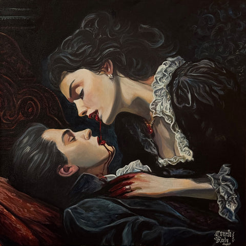 Artistic depiction of a woman and man in a romantic embrace with dark, ornate background — Limited edition art print by Conrad Keely