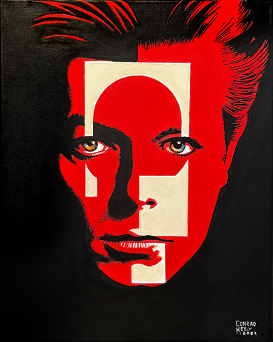 Portrait of David Bowie, predominantly red and black in color. David Bowie — Limited edition art print by Conrad Keely