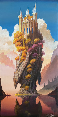 A print of an oil painting featuring a fantasy castle. Castello Imaginario — Limited edition art print by Conrad Keely