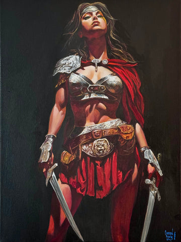 Feminine warrior figure in armor with red cape and swords on a dark background. Gladiatrix — Limited edition art print by Conrad Keely, 2025