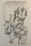 A black and white line art print of a goat goddess, holding a staff with a decorative orb — Limited edition art print by Conrad Keely