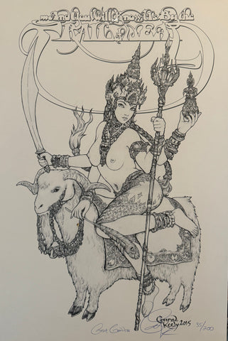 A black and white line art print of a goat goddess, holding a staff with a decorative orb — Limited edition art print by Conrad Keely