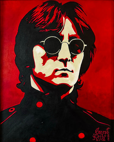 Portrait of John Lennon with sunglasses and a black coat on a red background. Limited edition art print by Conrad Keely