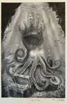 A signed print featuring an illustration of an octopus wearing a crown, sitting on a treasure chest, with a dark background and small aquatic creatures around — Limited edition art print by Conrad Keely