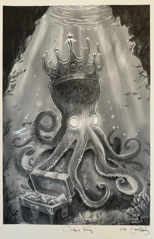 A signed print featuring an illustration of an octopus wearing a crown, sitting on a treasure chest, with a dark background and small aquatic creatures around — Limited edition art print by Conrad Keely
