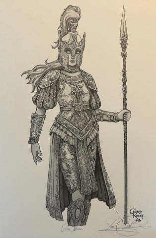 A print of the Greek goddess Pallas Athena, depicted with a staff and wearing a helmet — Limited edition art print by Conrad Keely