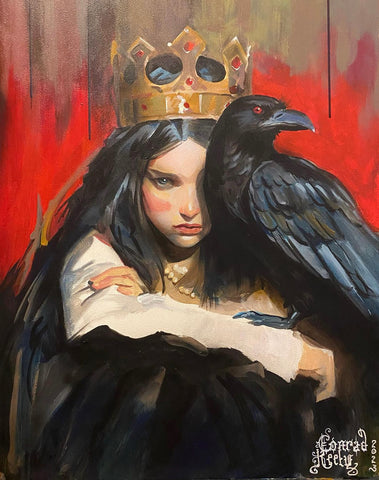 A signed and numbered print featuring a raven perched on a princess, with a dark, gothic background. Raven Princess — Limited edition art print by Conrad Keely