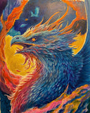 A colorful print of a bird with fiery red and blue hues, with detailed feathers and a dramatic pose — Limited edition art print by Conrad Keely