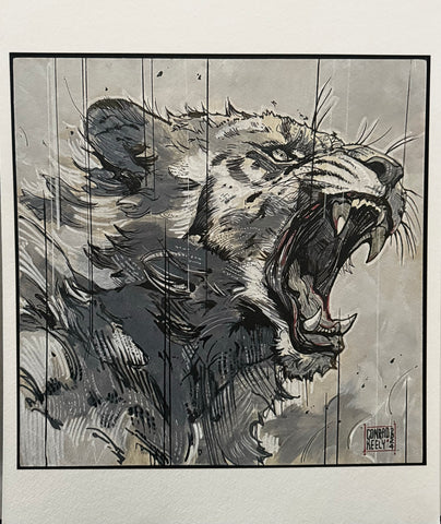 A print of a tiger with a fierce expression. Limited edition art print by Conrad Keely