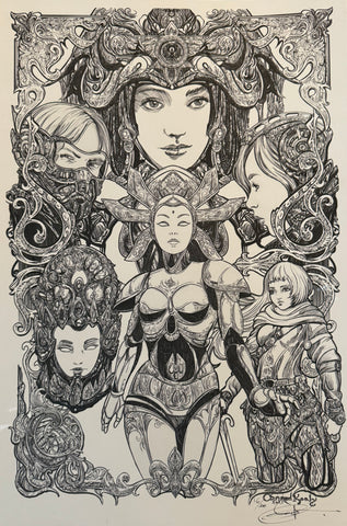 A signed print featuring ornate armor design, surrounded by intricate floral and filigree patterns — Limited edition art print by Conrad Keely