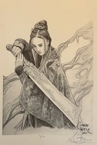 A signed black and white print featuring a Wuxia warrior character in a forest-like setting, holding a large sword — Limited edition art print by Conrad Keely