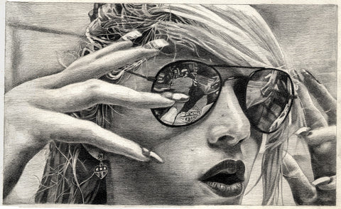 A hyper-realistic print of a graphite drawing of a person wearing sunglasses and lipstick, signed print of the original artwork — Limited edition art print by Conrad Keely