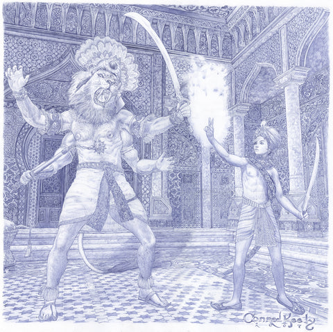 A print of a ballpoint pen illustration of Hindu avatars in a dramatic scene, later appearing on the back cover of an album by ...And You Will Know Us By the Trail of Dead — Limited edition art print by Conrad Keely
